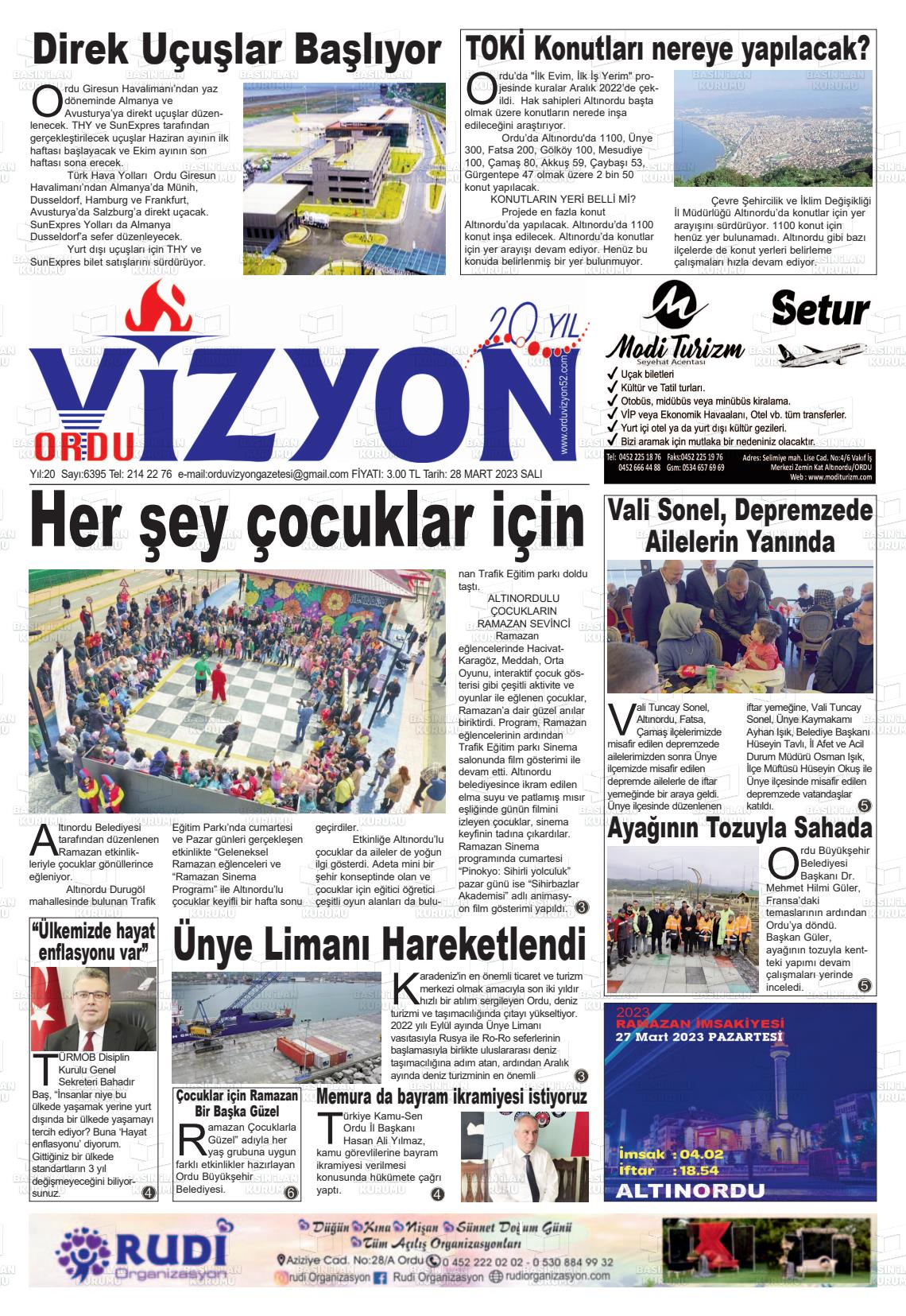 28 Mart 2023 Ordu Vizyon Gazete Manşeti