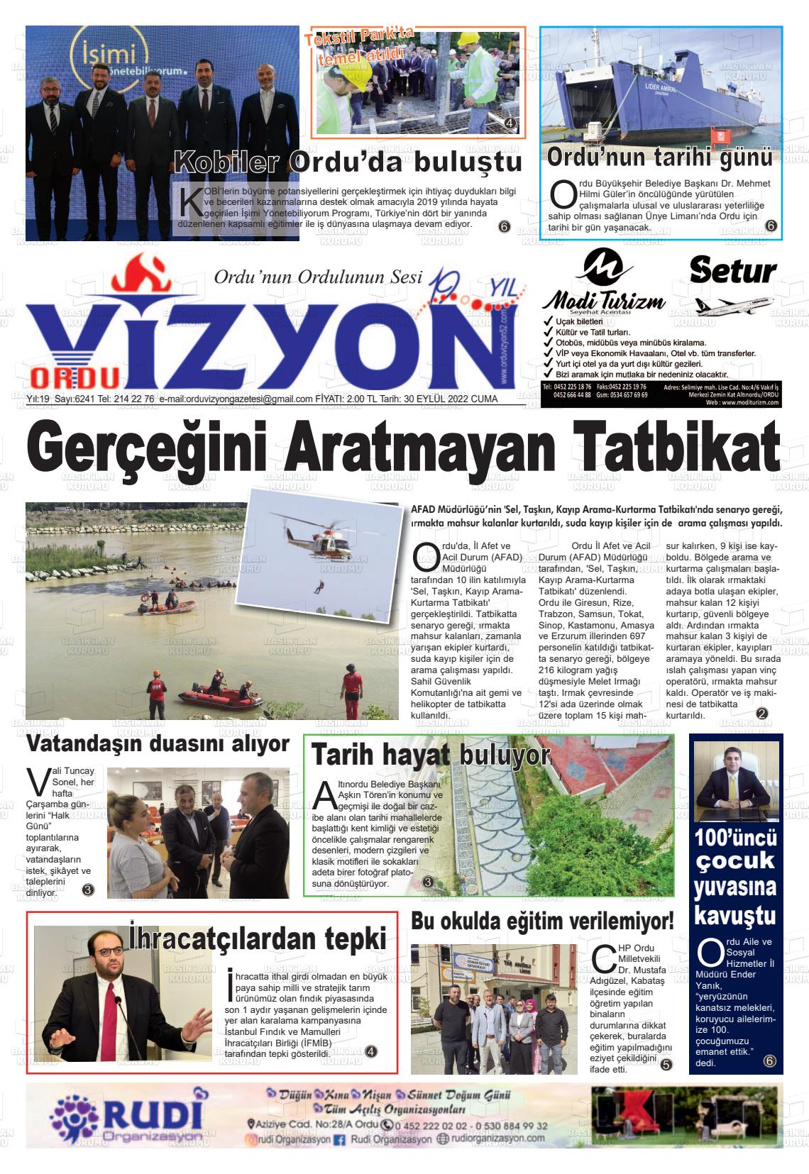 30 Eylül 2022 Ordu Vizyon Gazete Manşeti
