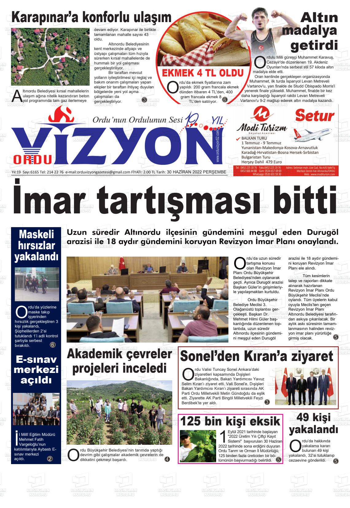 01 Temmuz 2022 Ordu Vizyon Gazete Manşeti