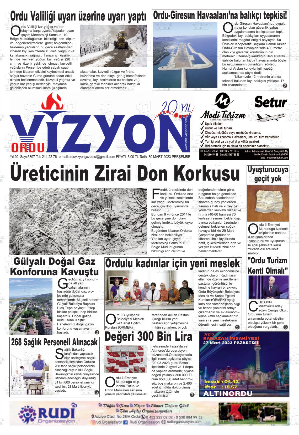 30 Mart 2023 Ordu Vizyon Gazete Manşeti