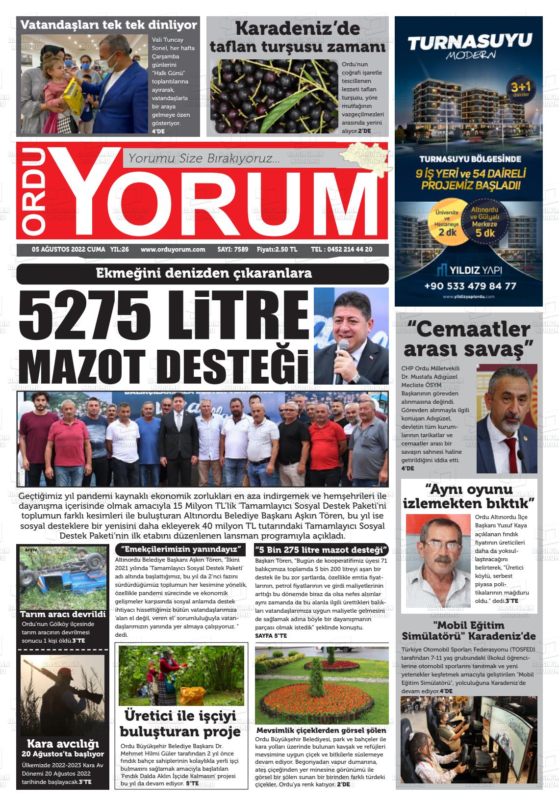 05 Ağustos 2022 Ordu Yorum Gazete Manşeti