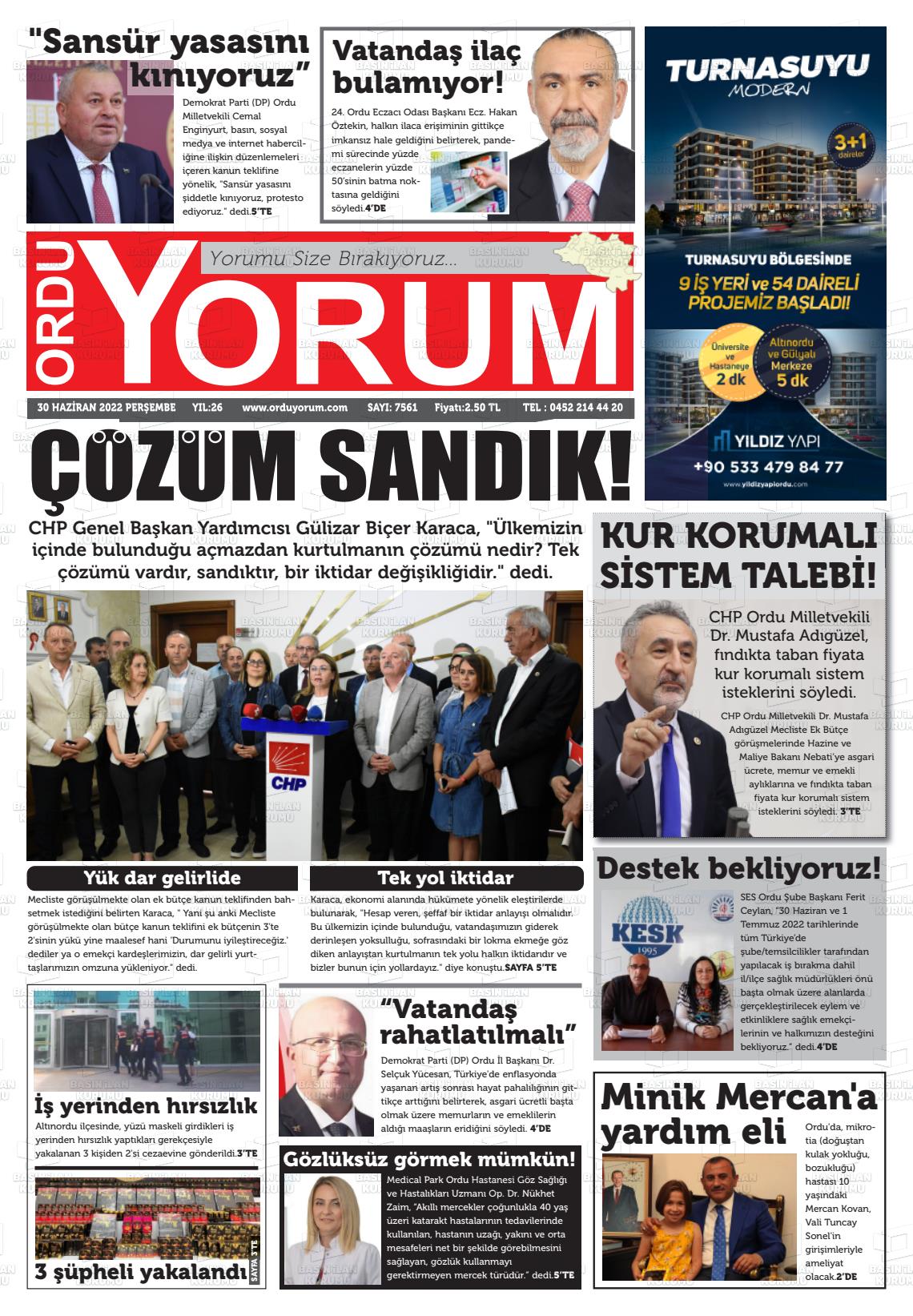 01 Temmuz 2022 Ordu Yorum Gazete Manşeti
