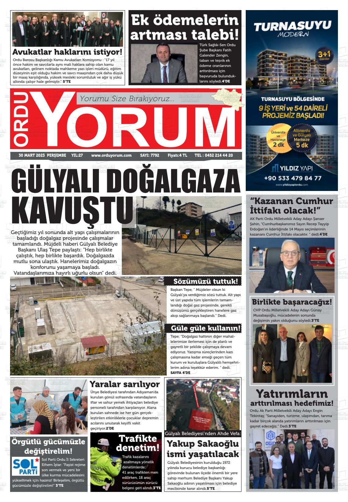 30 Mart 2023 Ordu Yorum Gazete Manşeti