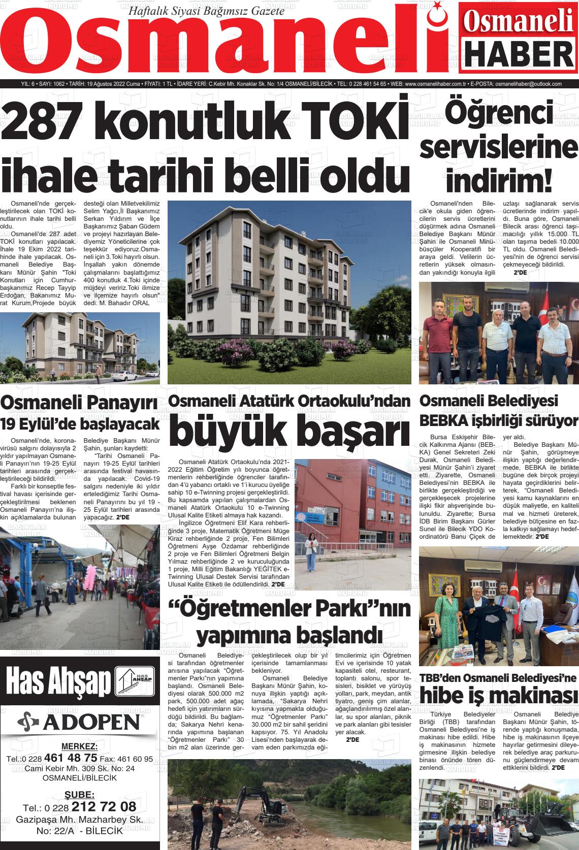 19 Ağustos 2022 Osmaneli Haber Gazete Manşeti