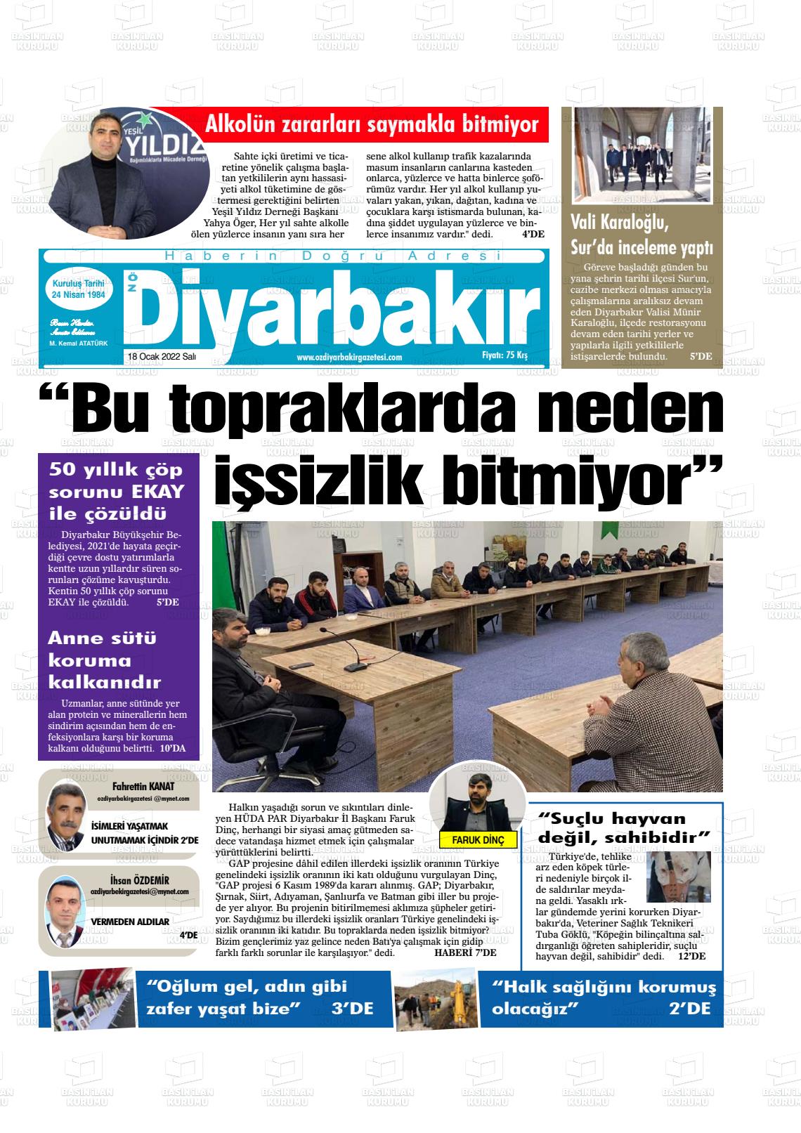 18 Ocak 2022 Öz Diyarbakir Gazete Gazete Manşeti