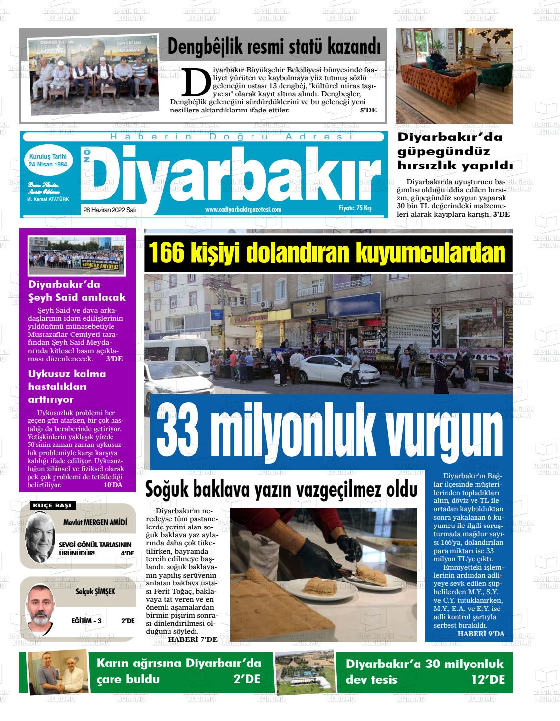 28 Haziran 2022 Öz Diyarbakir Gazete Gazete Manşeti