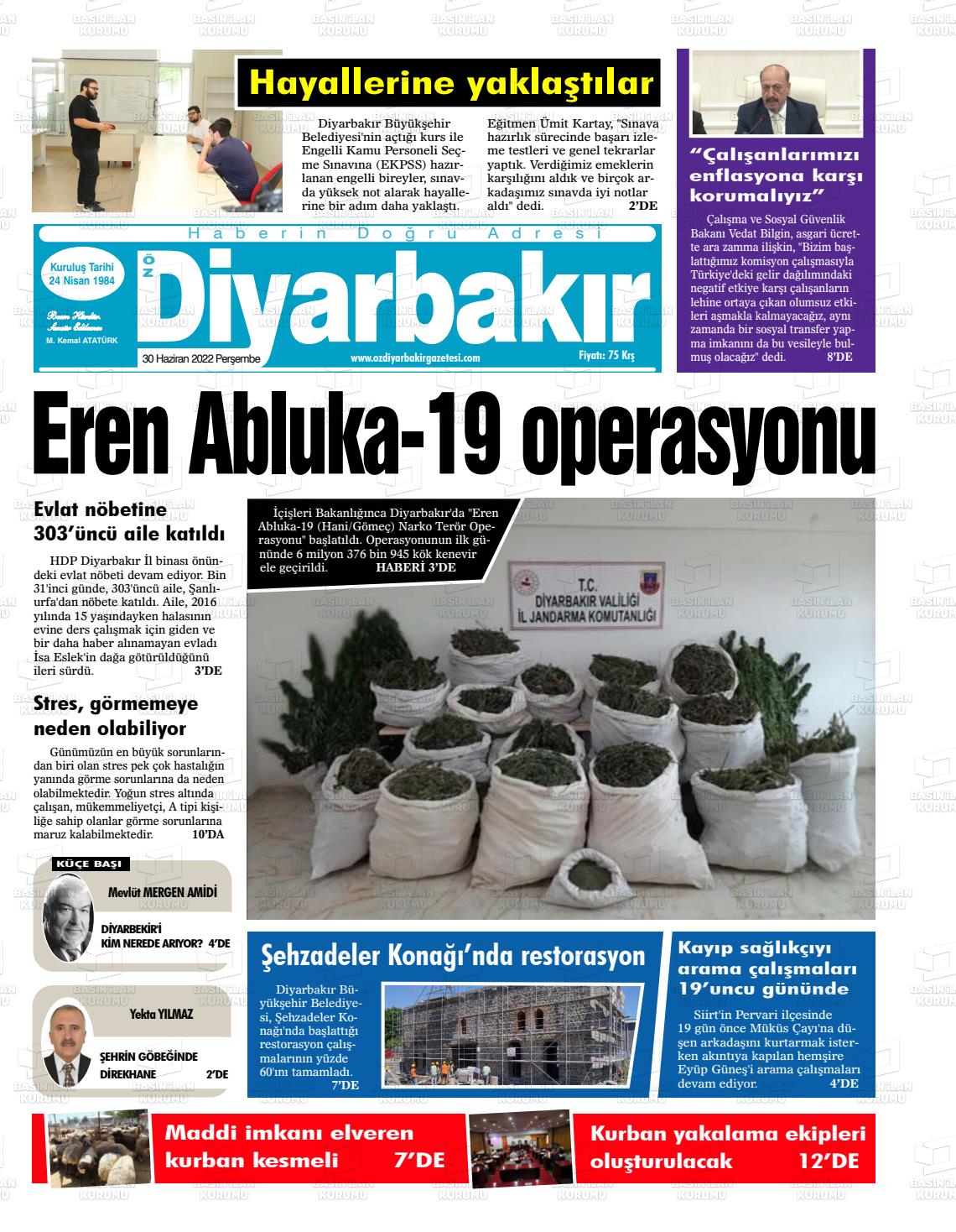 30 Haziran 2022 Öz Diyarbakir Gazete Gazete Manşeti