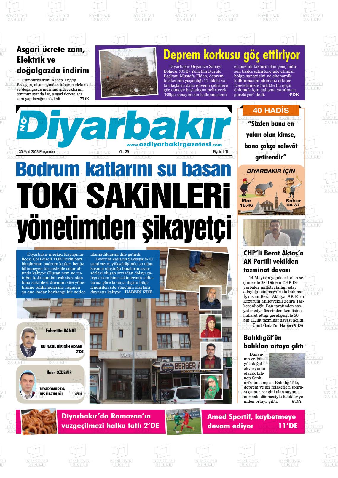 30 Mart 2023 Öz Diyarbakir Gazete Gazete Manşeti