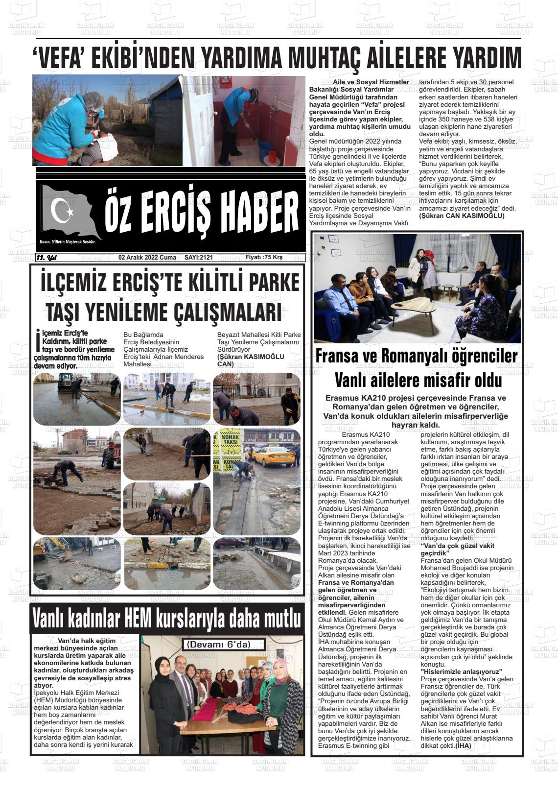02 Aralık 2022 Öz Erciş Haber Gazete Manşeti
