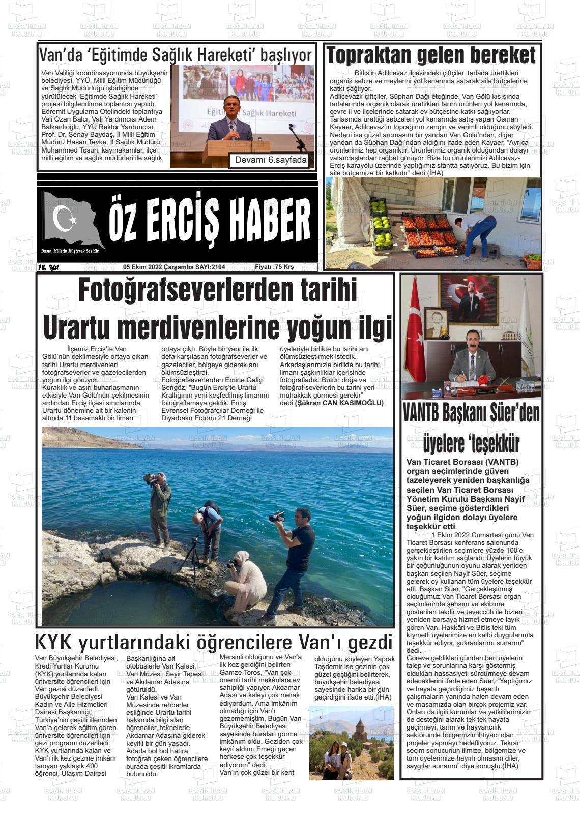05 Ekim 2022 Öz Erciş Haber Gazete Manşeti