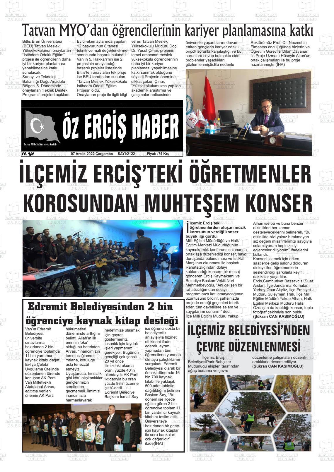 07 Aralık 2022 Öz Erciş Haber Gazete Manşeti