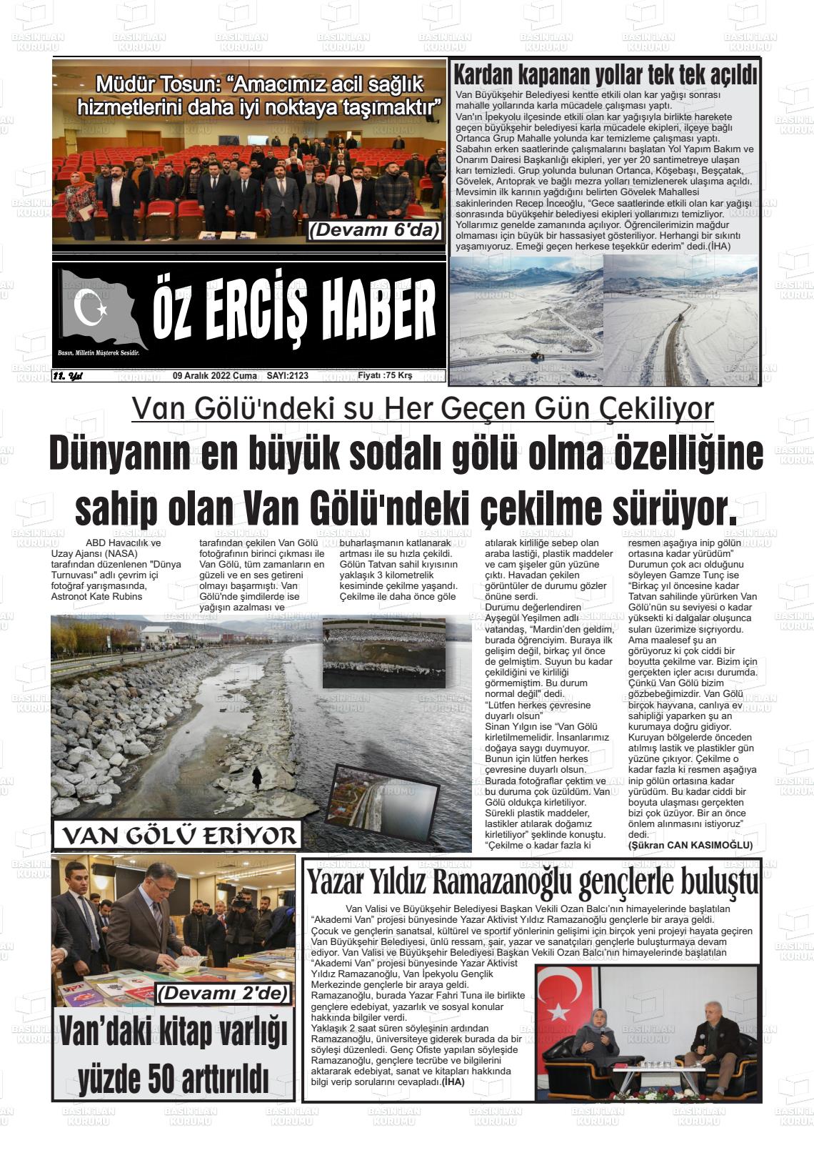 09 Aralık 2022 Öz Erciş Haber Gazete Manşeti