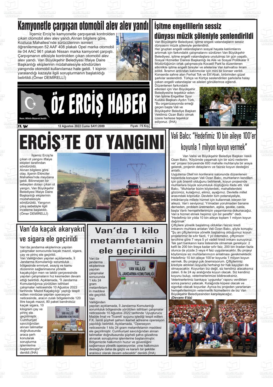 12 Ağustos 2022 Öz Erciş Haber Gazete Manşeti