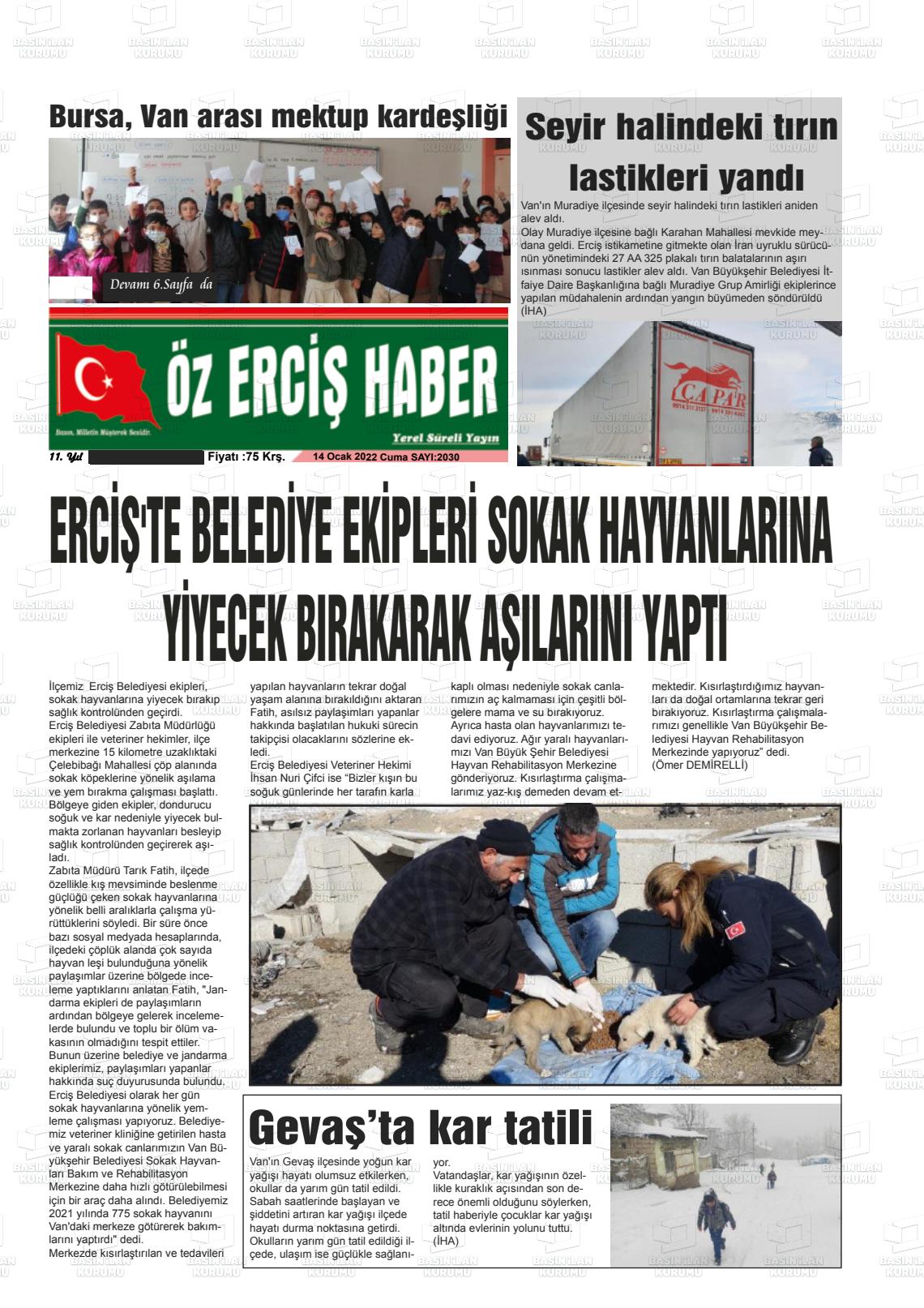 14 Ocak 2022 Öz Erciş Haber Gazete Manşeti