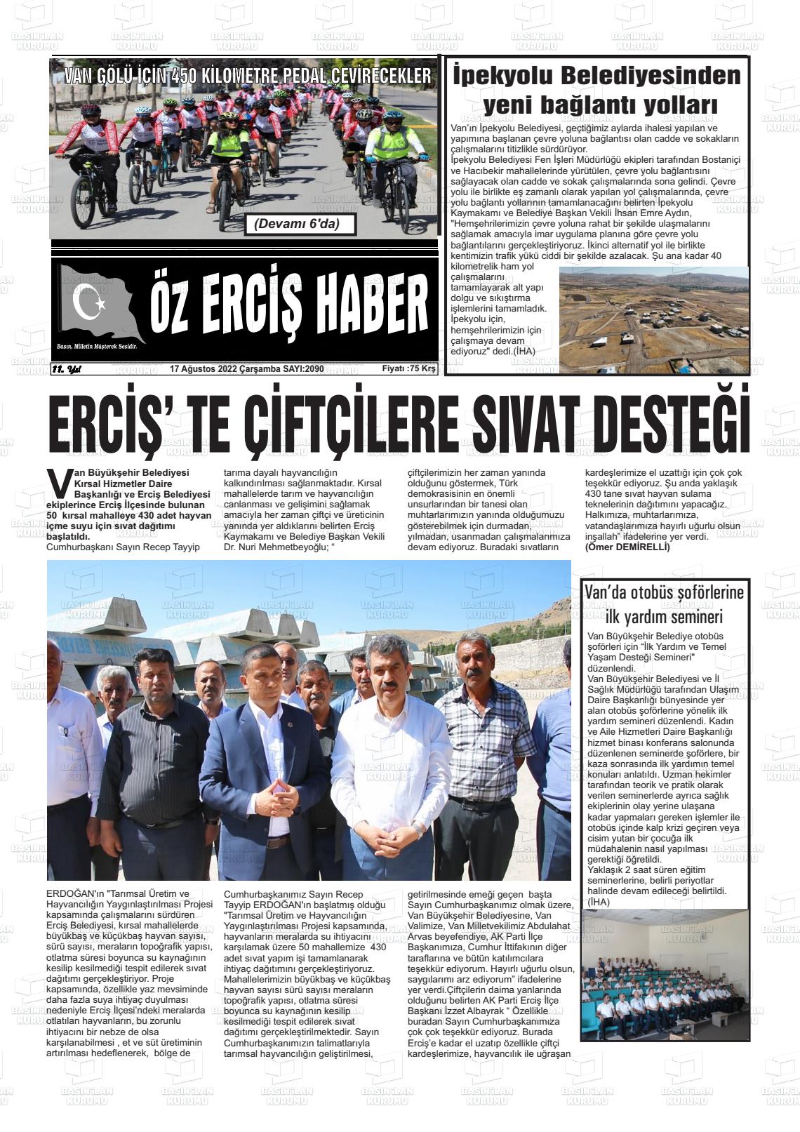 17 Ağustos 2022 Öz Erciş Haber Gazete Manşeti