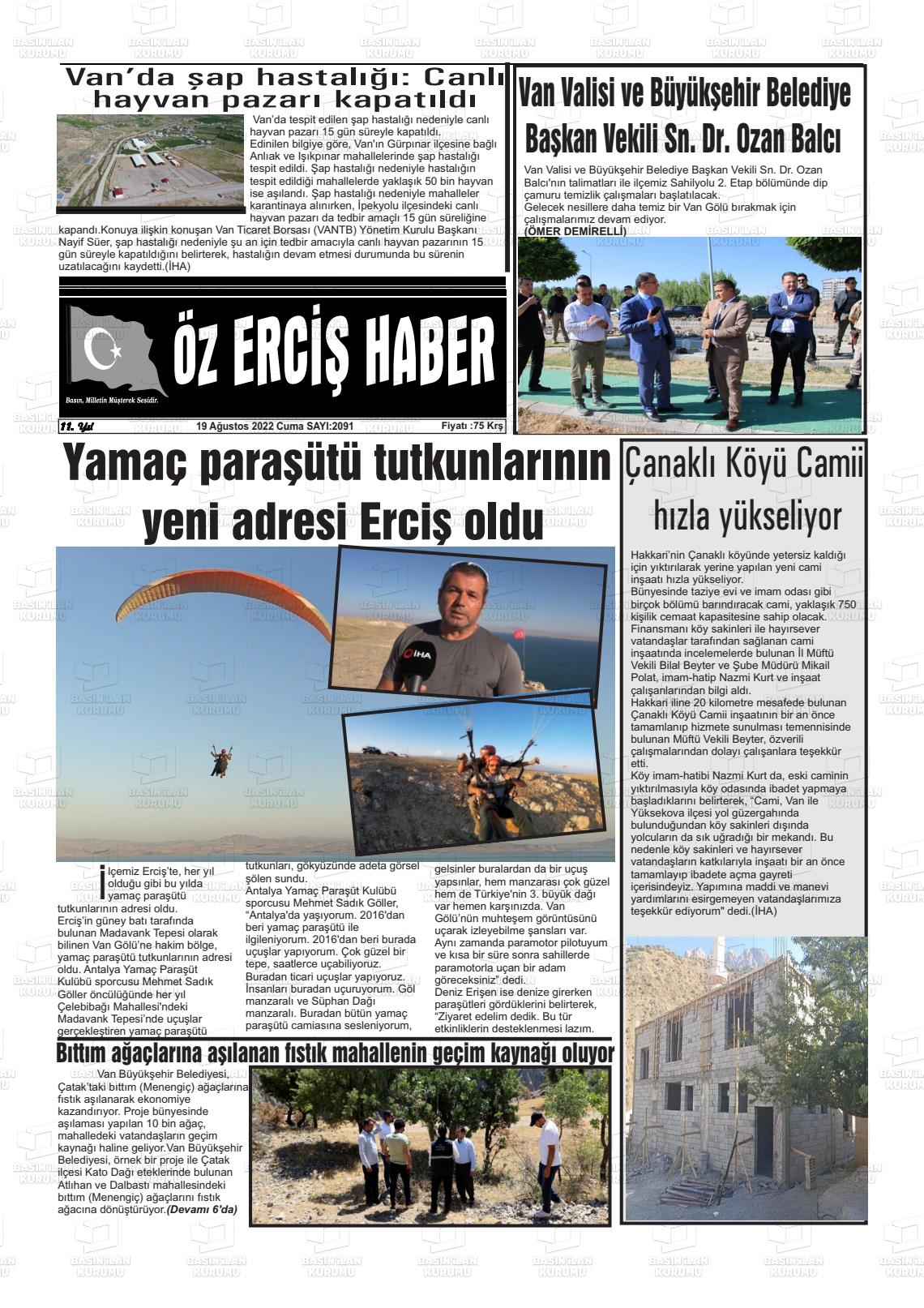 19 Ağustos 2022 Öz Erciş Haber Gazete Manşeti