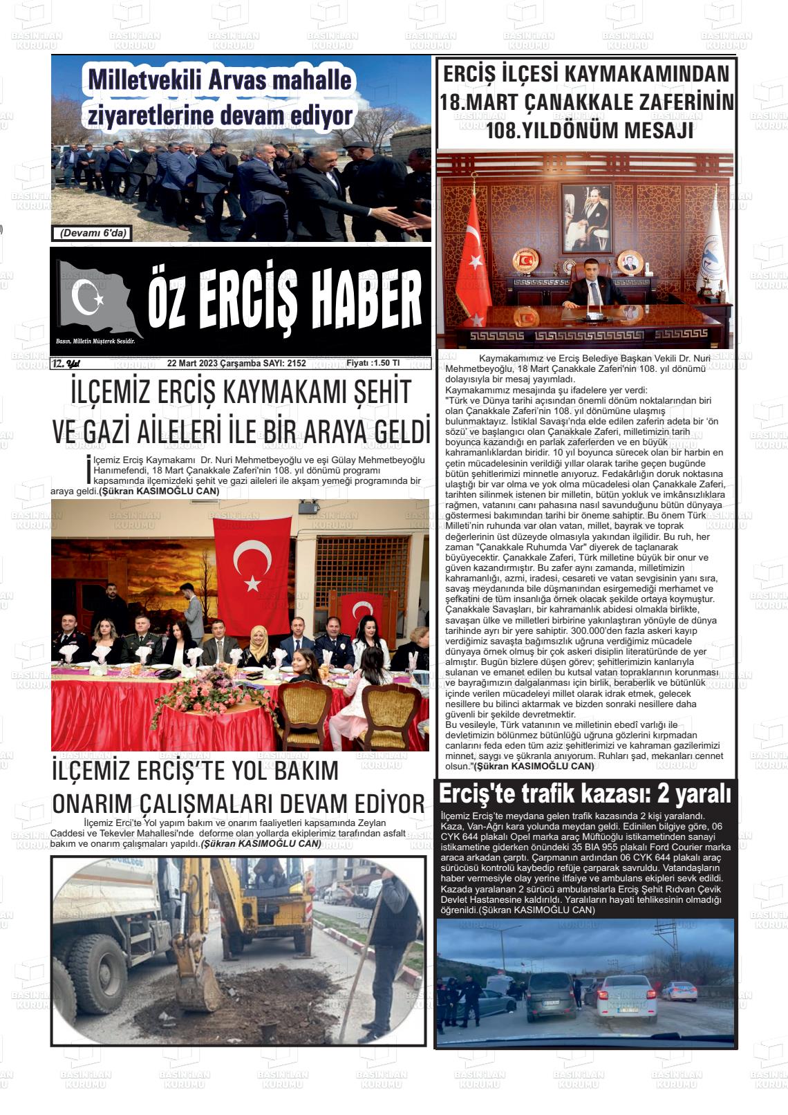 22 Mart 2023 Öz Erciş Haber Gazete Manşeti