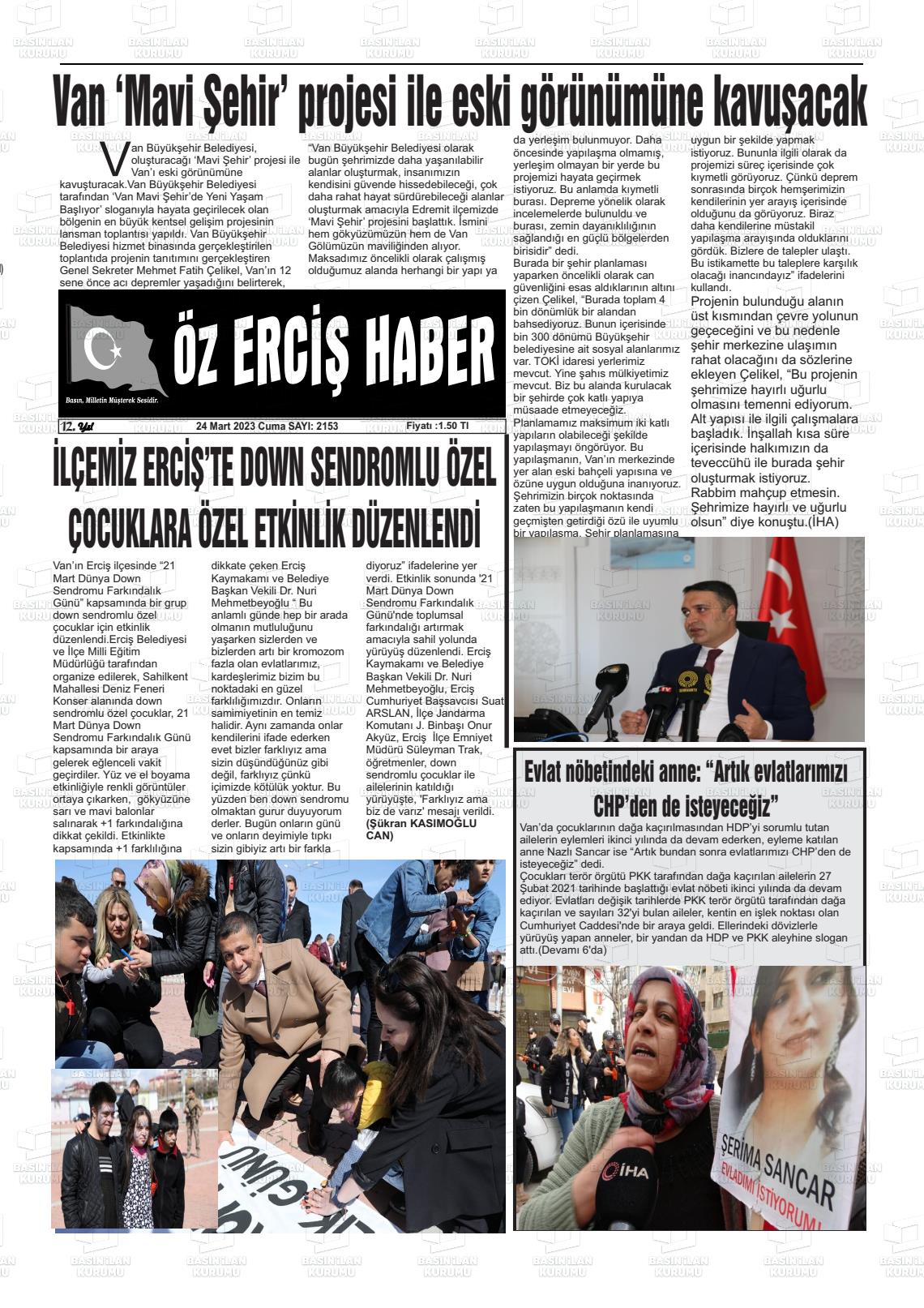 24 Mart 2023 Öz Erciş Haber Gazete Manşeti