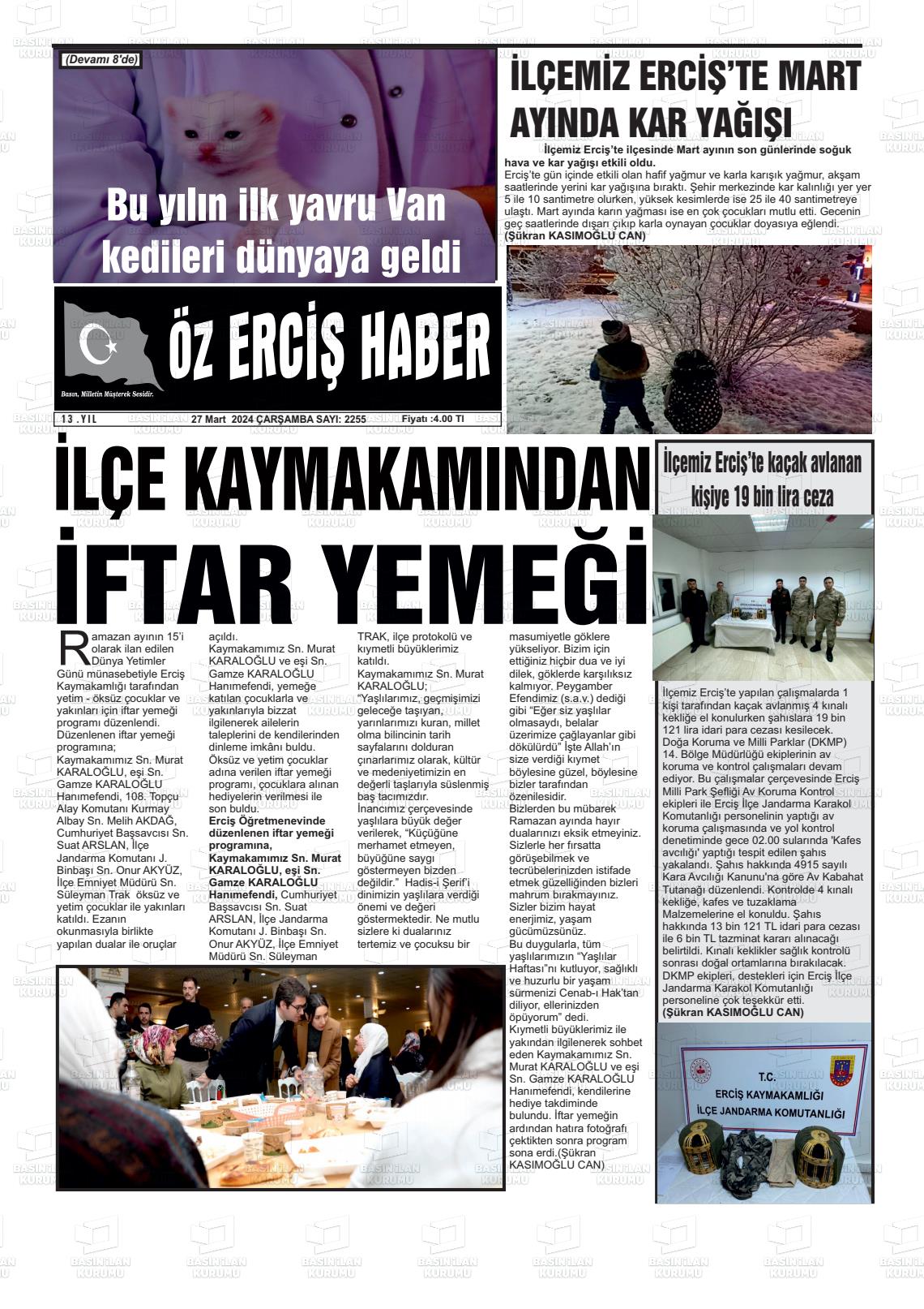 27 Mart 2024 Öz Erciş Haber Gazete Manşeti