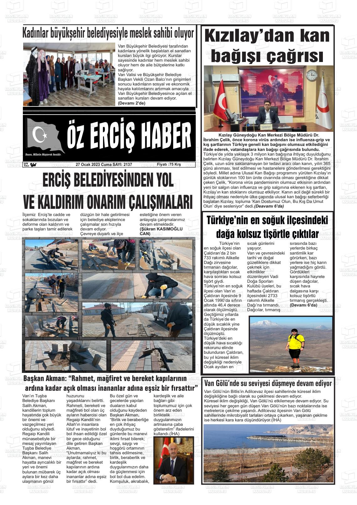 27 Ocak 2023 Öz Erciş Haber Gazete Manşeti