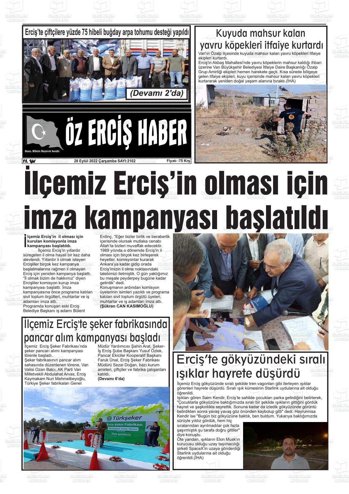 28 Eylül 2022 Öz Erciş Haber Gazete Manşeti