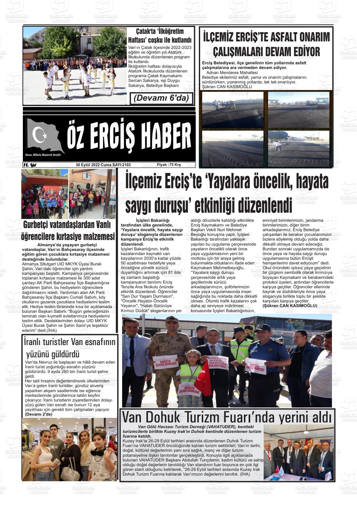 30 Eylül 2022 Öz Erciş Haber Gazete Manşeti