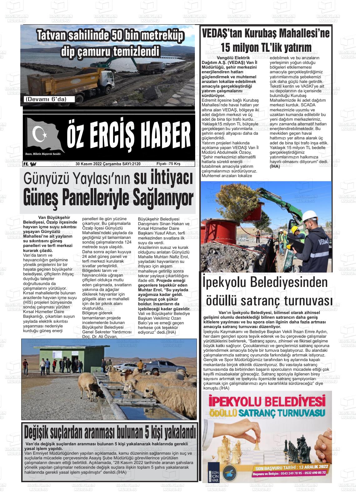 30 Kasım 2022 Öz Erciş Haber Gazete Manşeti