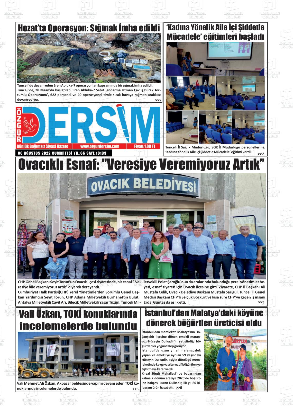 06 Ağustos 2022 Özgür Dersim Gazete Manşeti