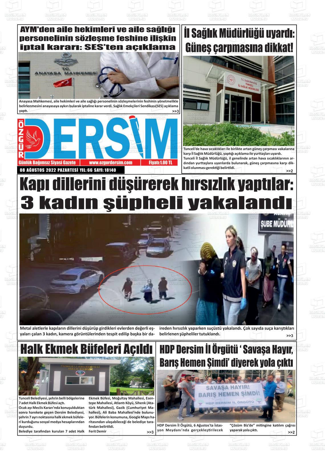 08 Ağustos 2022 Özgür Dersim Gazete Manşeti