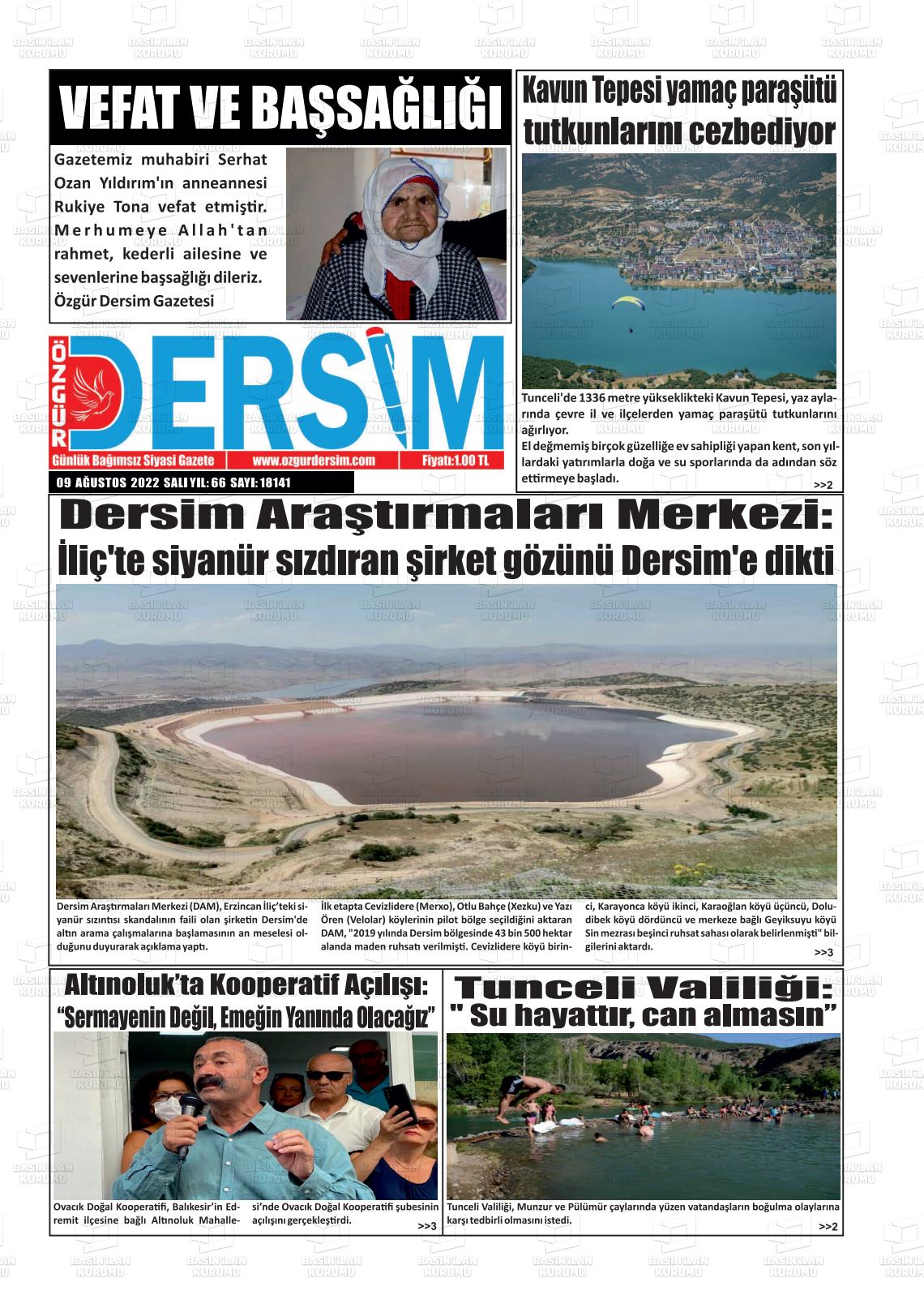 09 Ağustos 2022 Özgür Dersim Gazete Manşeti