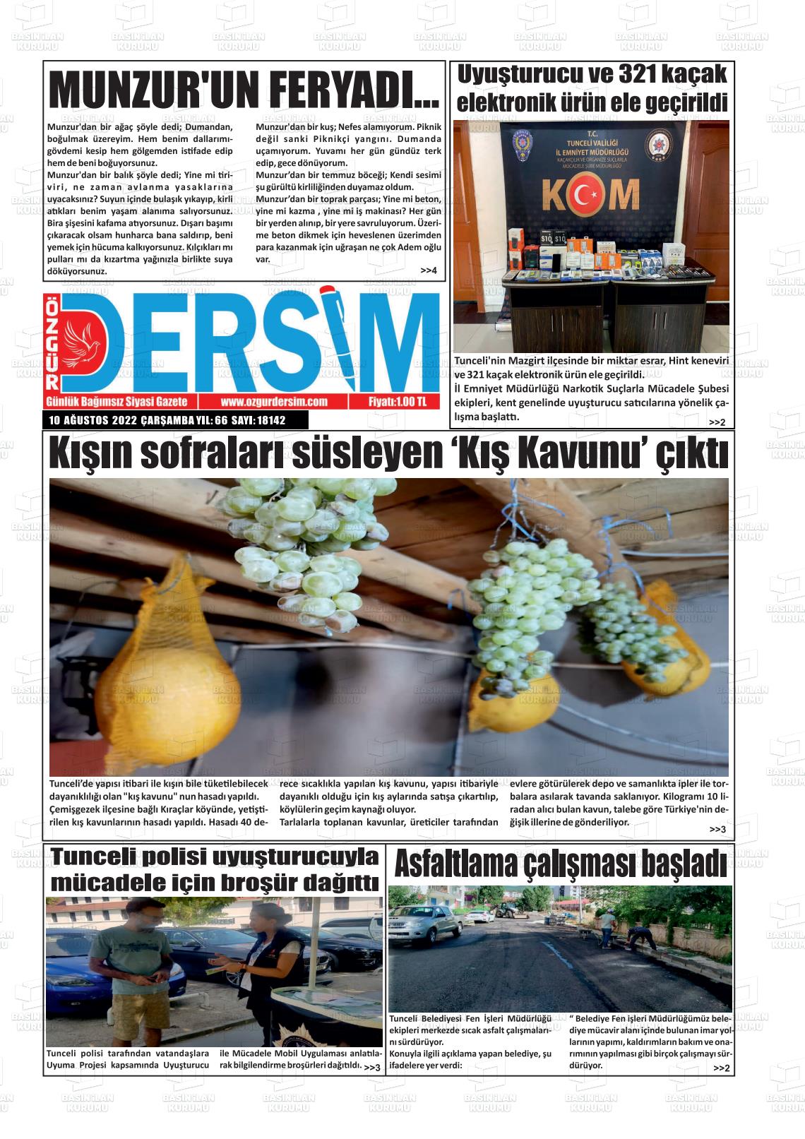 10 Ağustos 2022 Özgür Dersim Gazete Manşeti