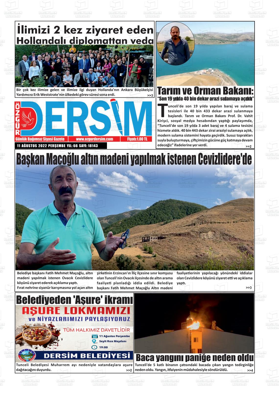 11 Ağustos 2022 Özgür Dersim Gazete Manşeti