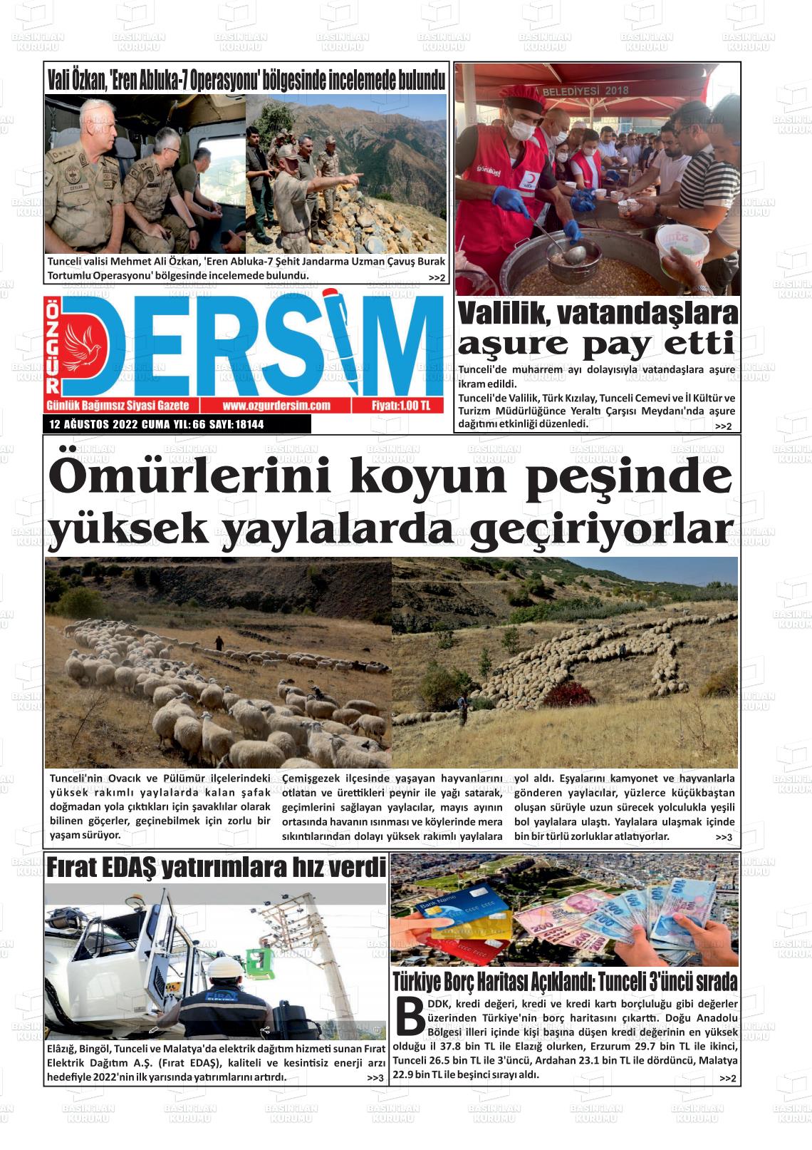 12 Ağustos 2022 Özgür Dersim Gazete Manşeti