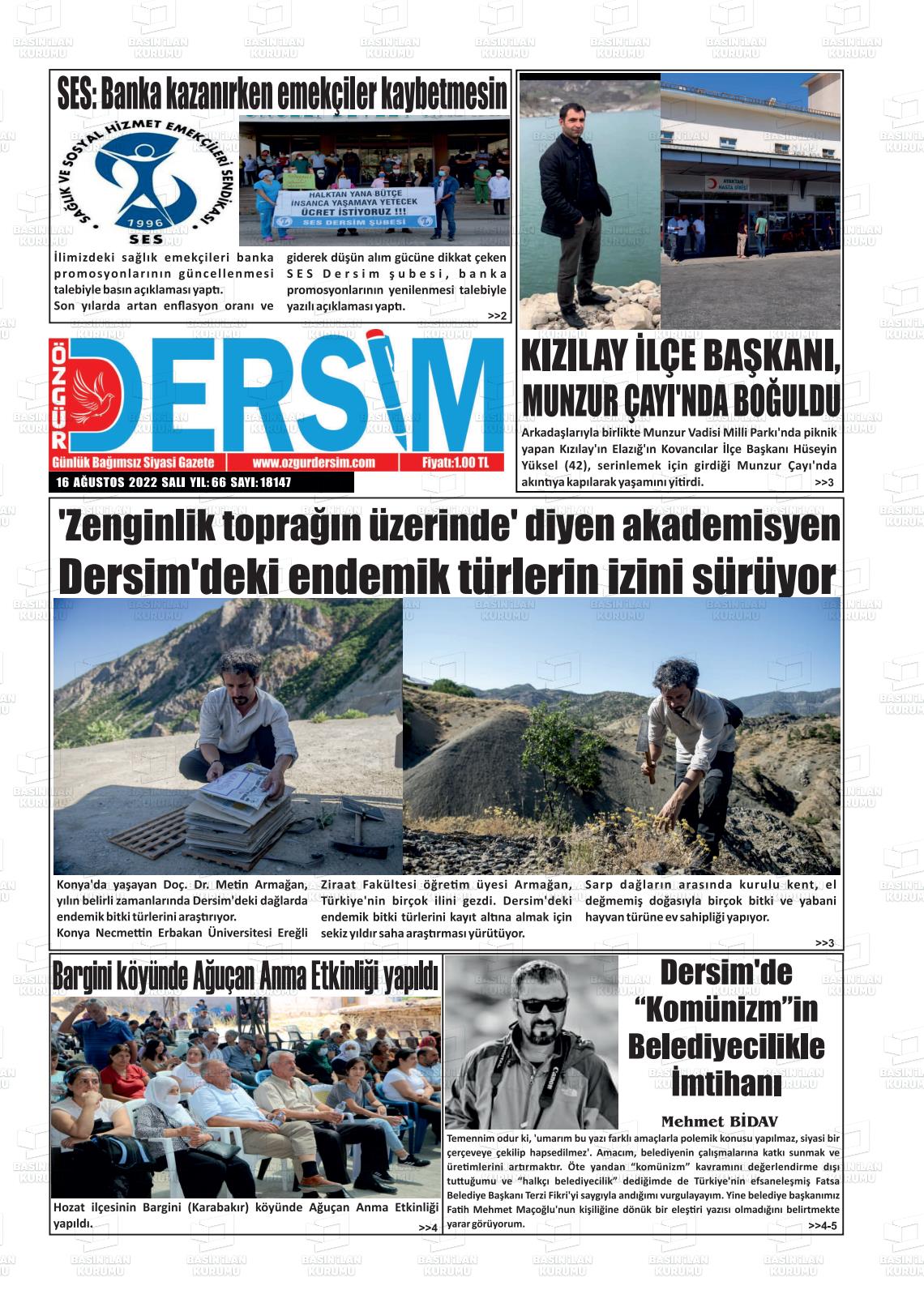 16 Ağustos 2022 Özgür Dersim Gazete Manşeti