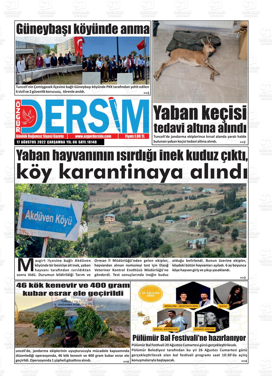 17 Ağustos 2022 Özgür Dersim Gazete Manşeti
