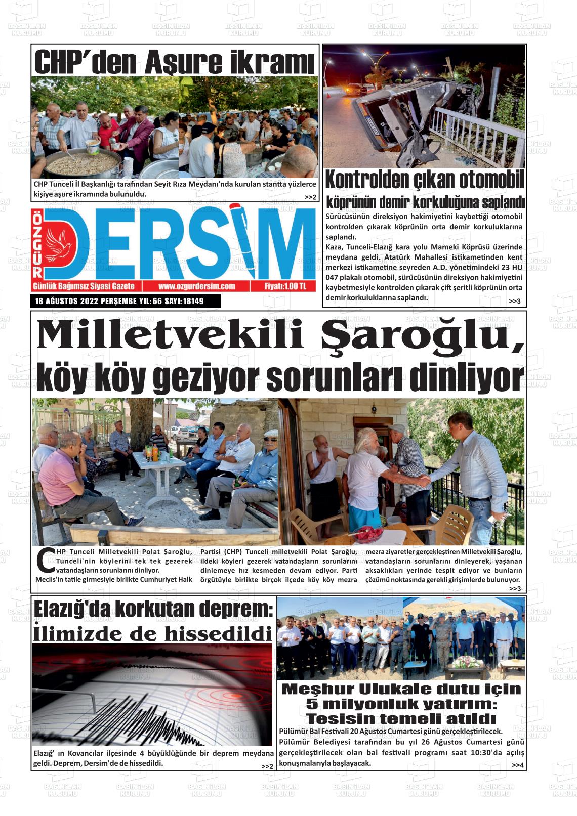 18 Ağustos 2022 Özgür Dersim Gazete Manşeti