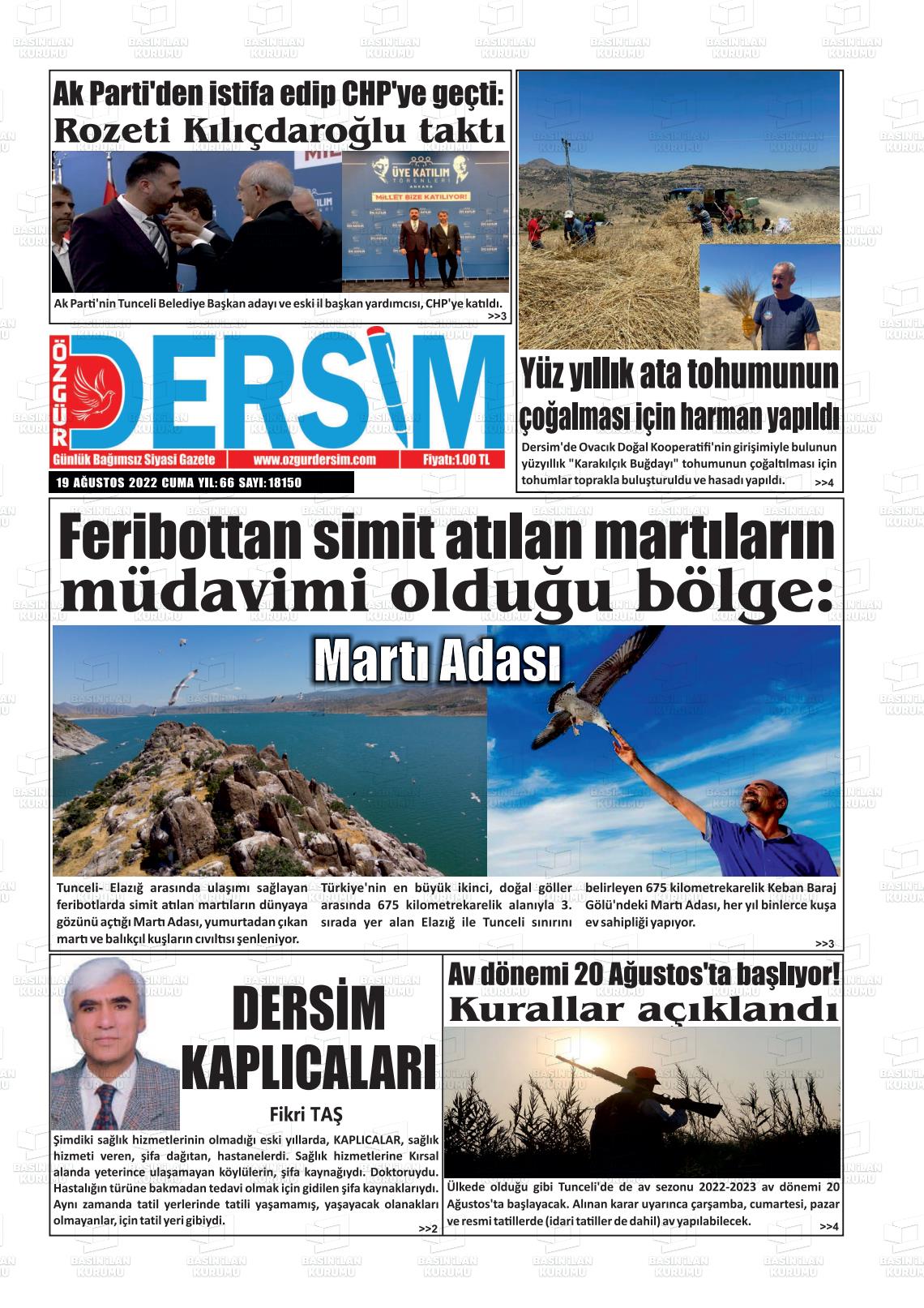 19 Ağustos 2022 Özgür Dersim Gazete Manşeti
