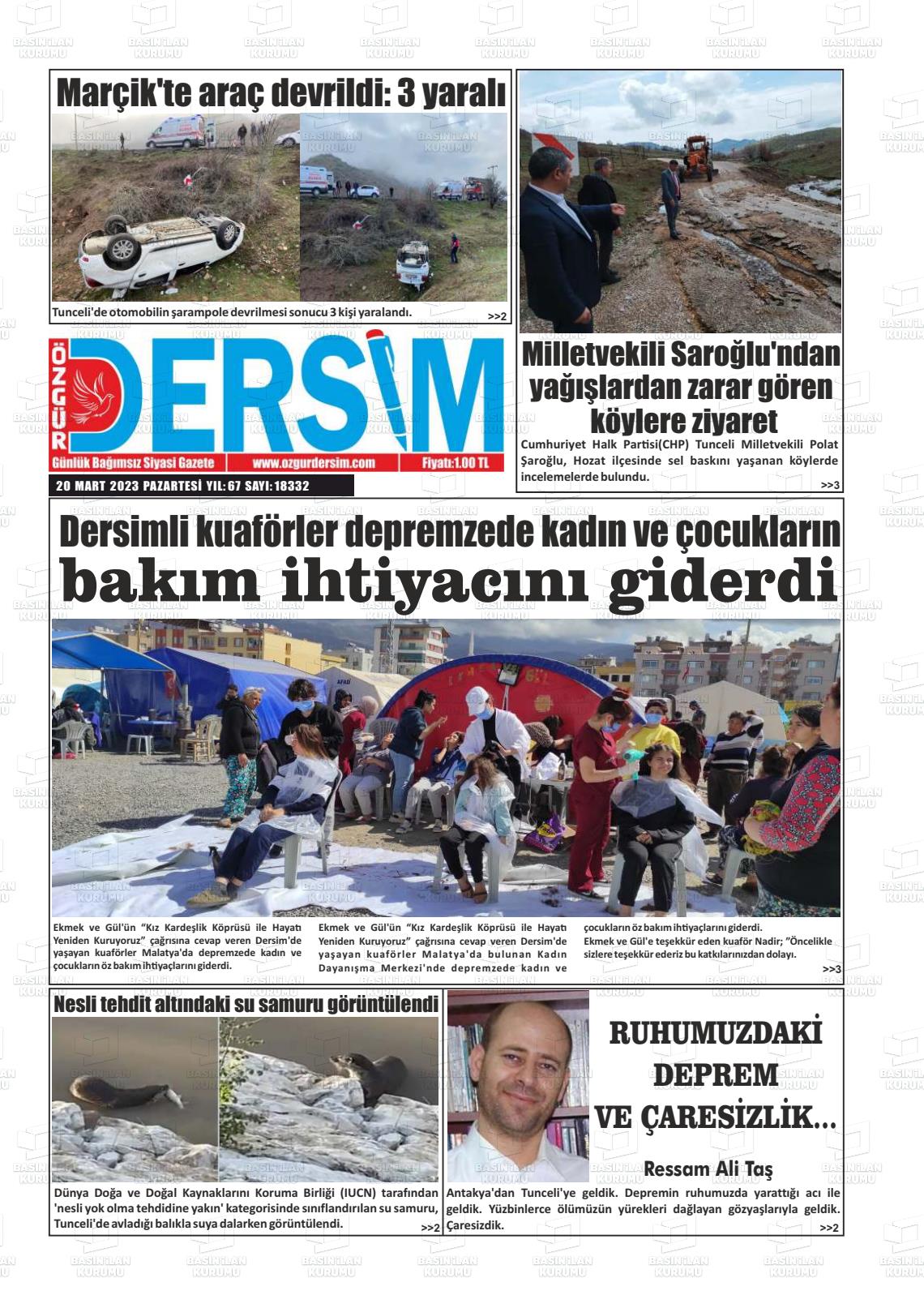 20 Mart 2023 Özgür Dersim Gazete Manşeti