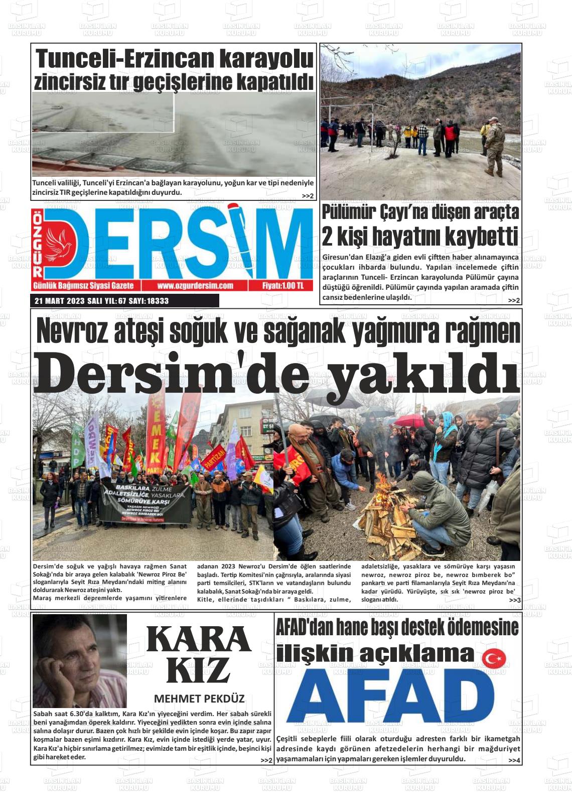 21 Mart 2023 Özgür Dersim Gazete Manşeti