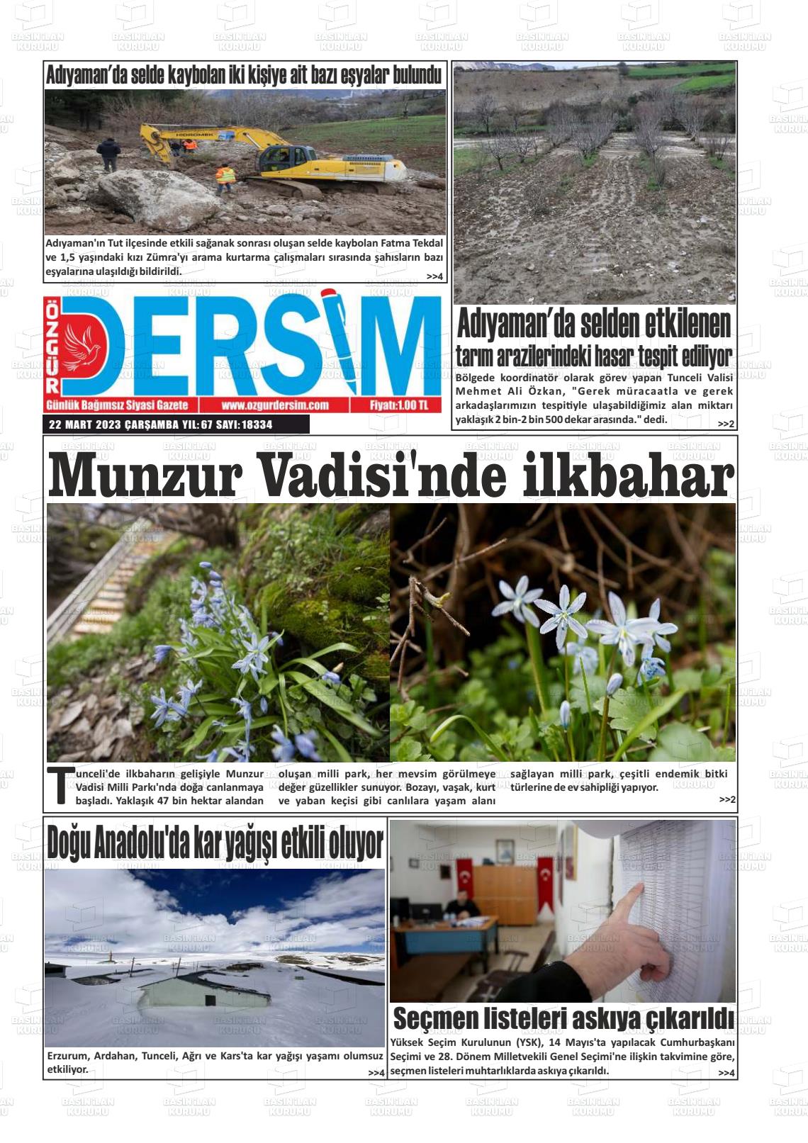 22 Mart 2023 Özgür Dersim Gazete Manşeti