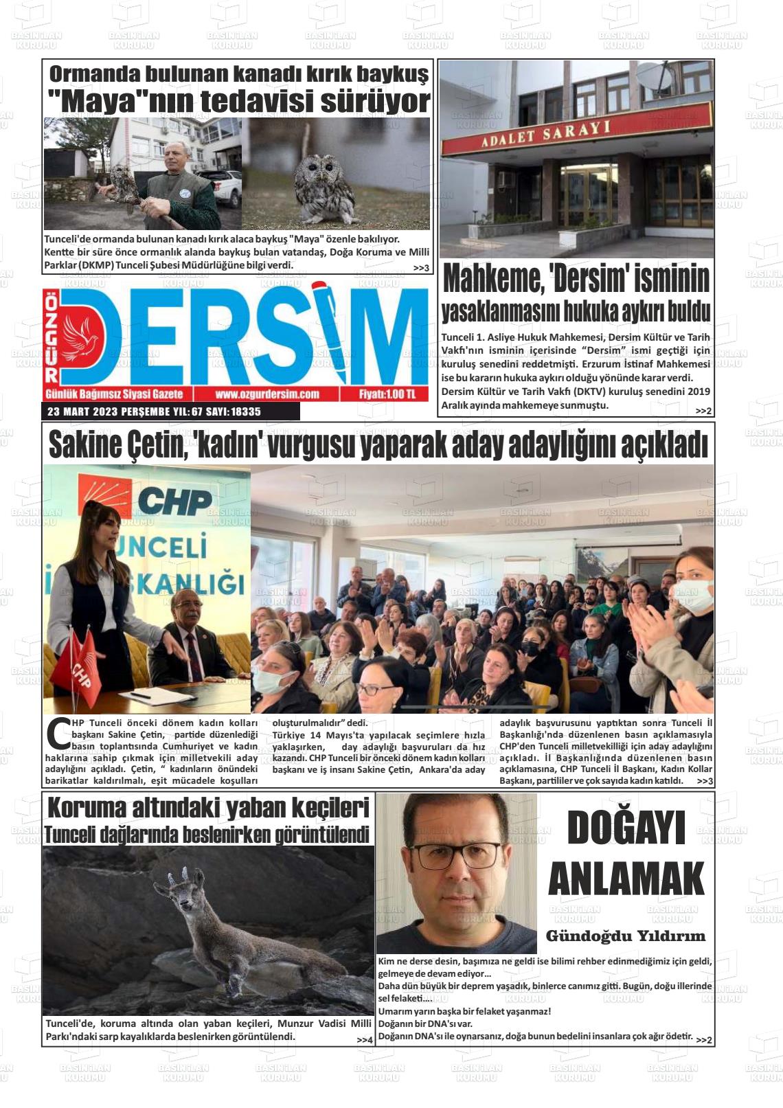 23 Mart 2023 Özgür Dersim Gazete Manşeti