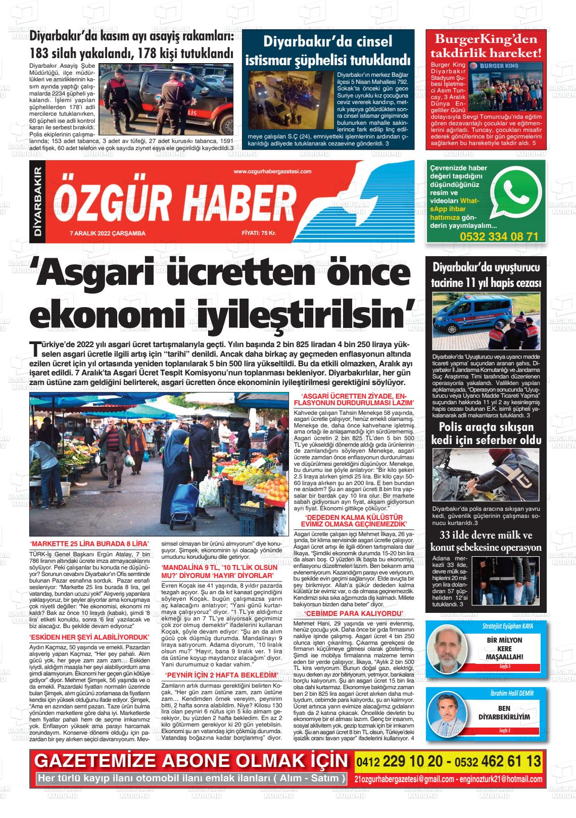 07 Aralık 2022 Özgür Haber Gazete Manşeti