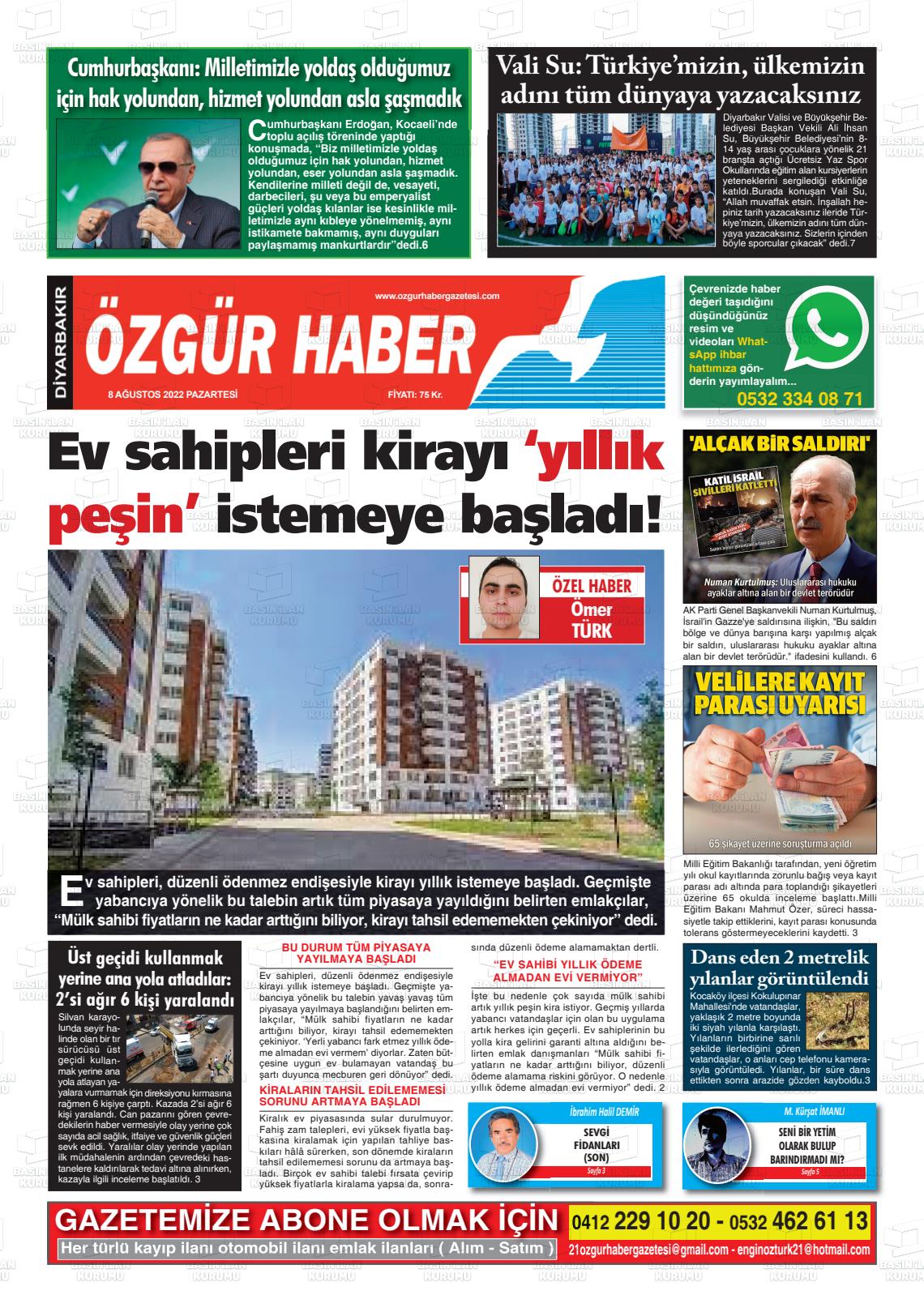 08 Ağustos 2022 Özgür Haber Gazete Manşeti
