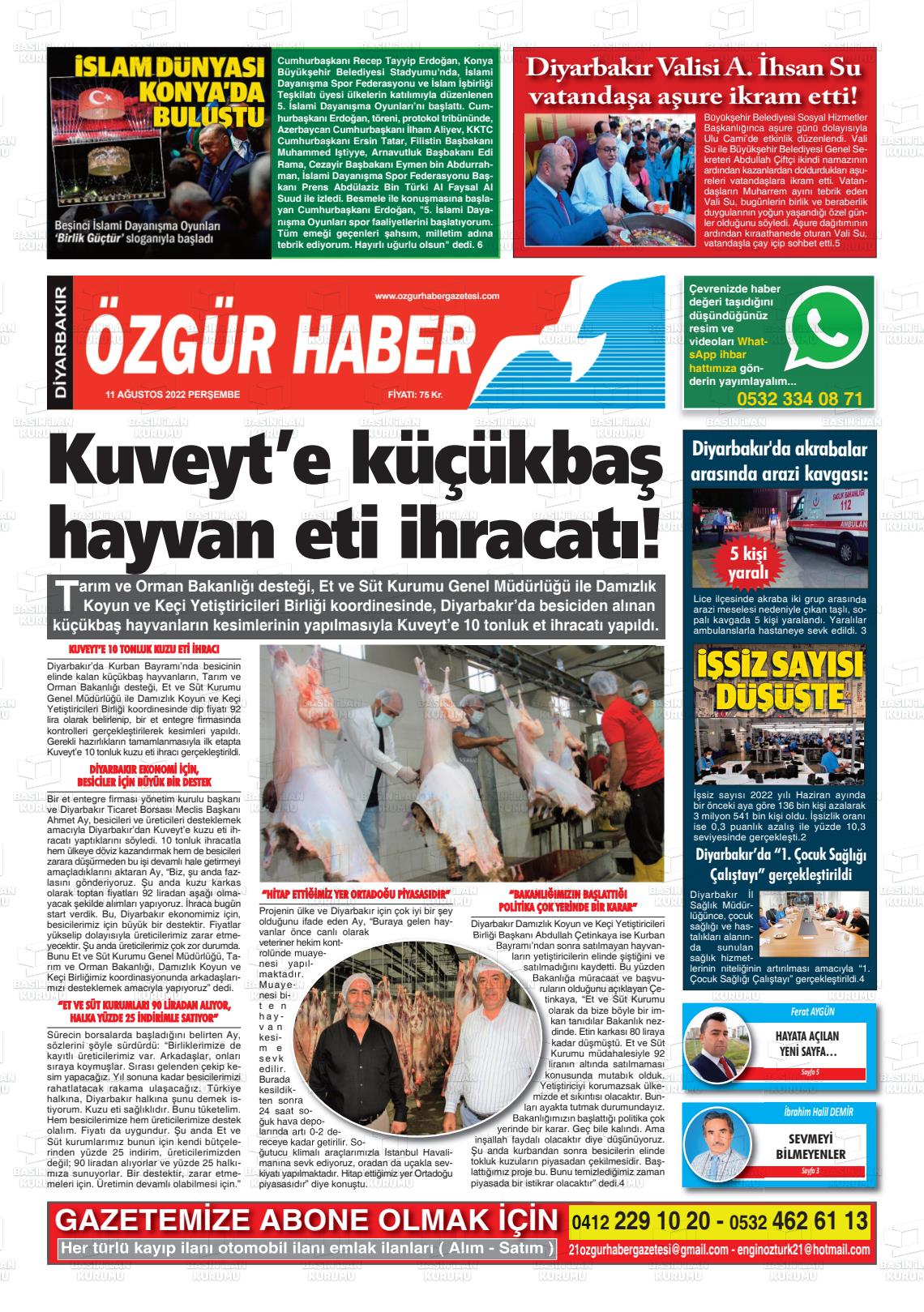 11 Ağustos 2022 Özgür Haber Gazete Manşeti