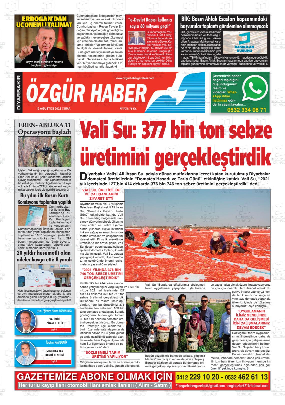12 Ağustos 2022 Özgür Haber Gazete Manşeti