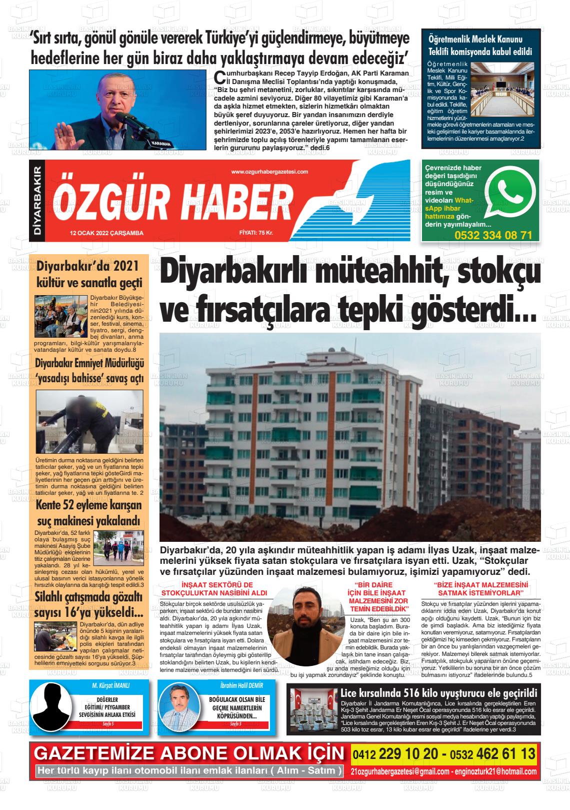 12 Ocak 2022 Özgür Haber Gazete Manşeti