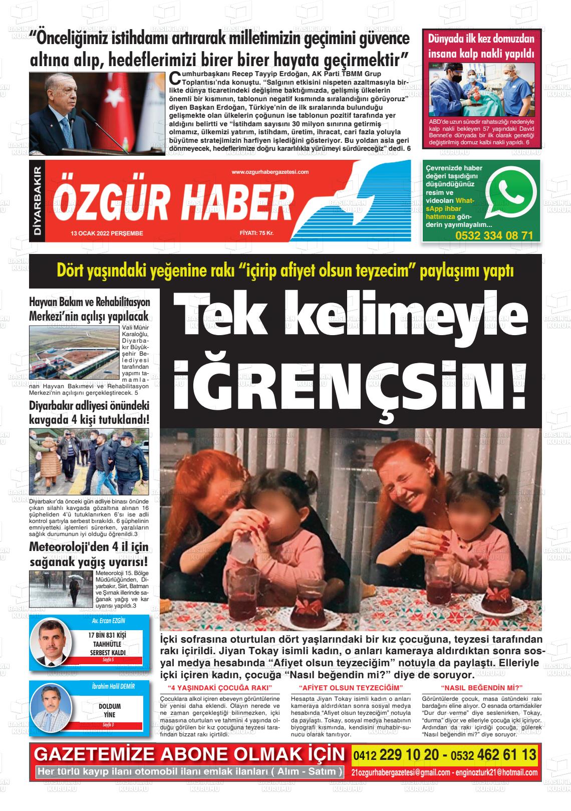 13 Ocak 2022 Özgür Haber Gazete Manşeti