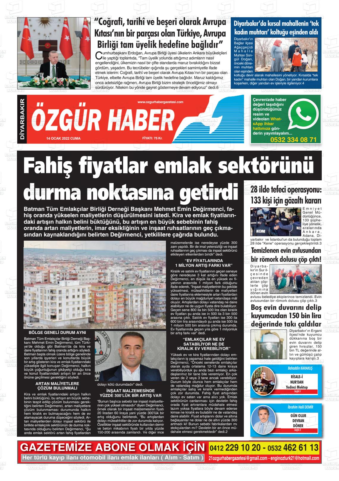 14 Ocak 2022 Özgür Haber Gazete Manşeti