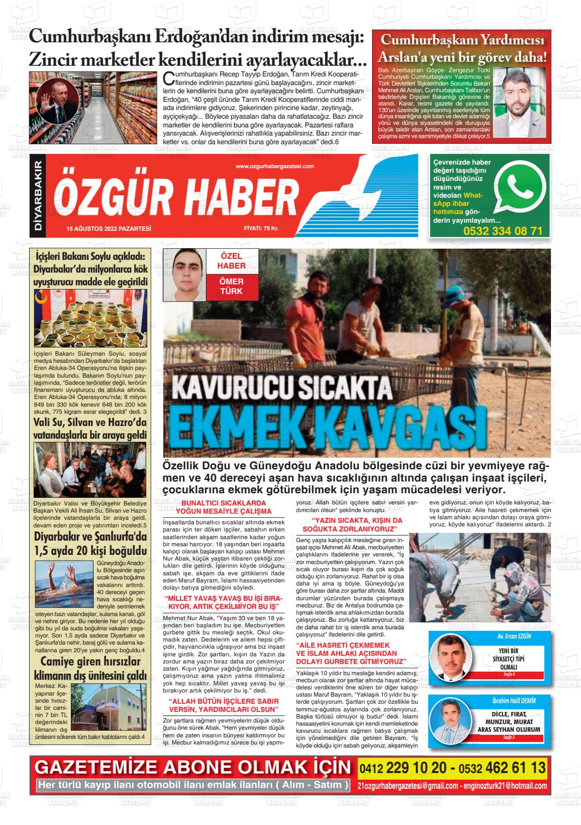 15 Ağustos 2022 Özgür Haber Gazete Manşeti