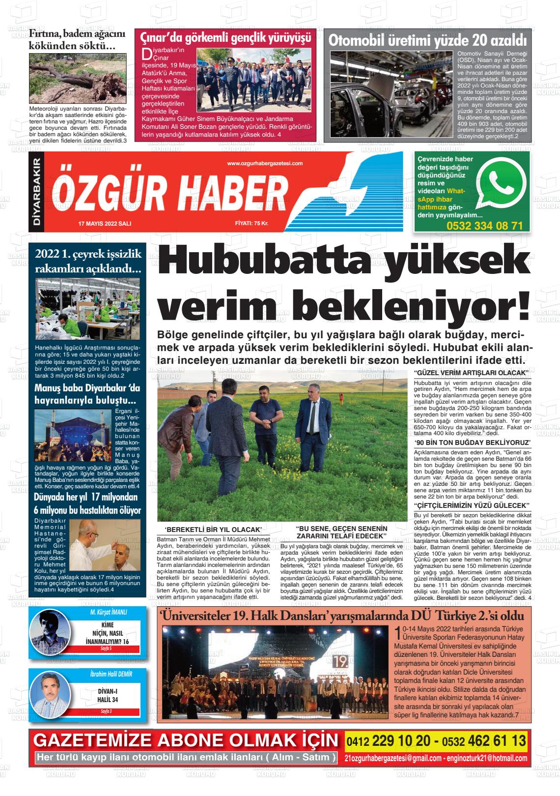 17 Mayıs 2022 Özgür Haber Gazete Manşeti